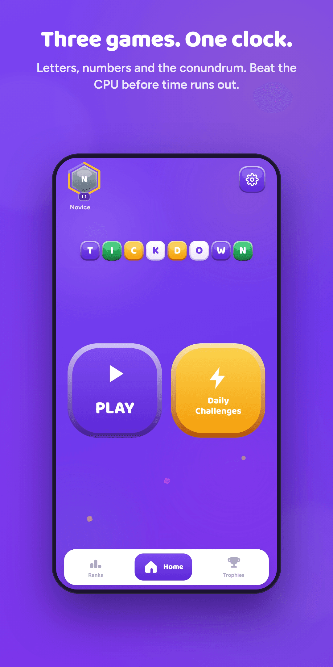 The Tick Down home screen, with Play, Daily Challenges and a Novice rank badge