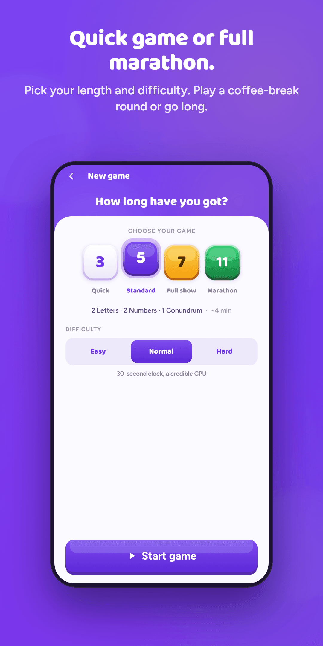 Choosing a game: three, five, seven or eleven rounds, at easy, normal or hard difficulty