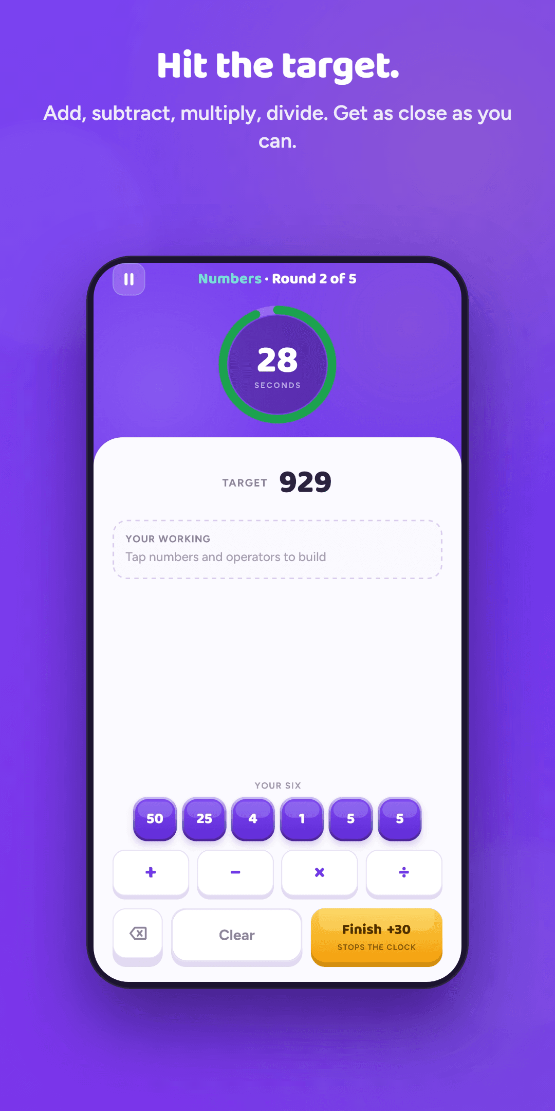 A numbers round: reaching a target of 929 from six numbers using add, subtract, multiply and divide