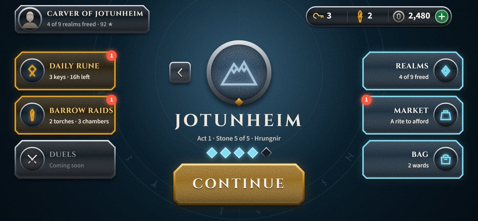 The saga home screen: Jotunheim, act one, with the Daily Rune, Barrow Raids, Realms, Market and Bag