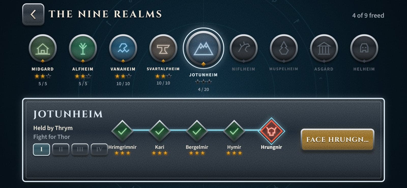 The Nine Realms map, four of nine freed, with the warriors and boss of Jotunheim
