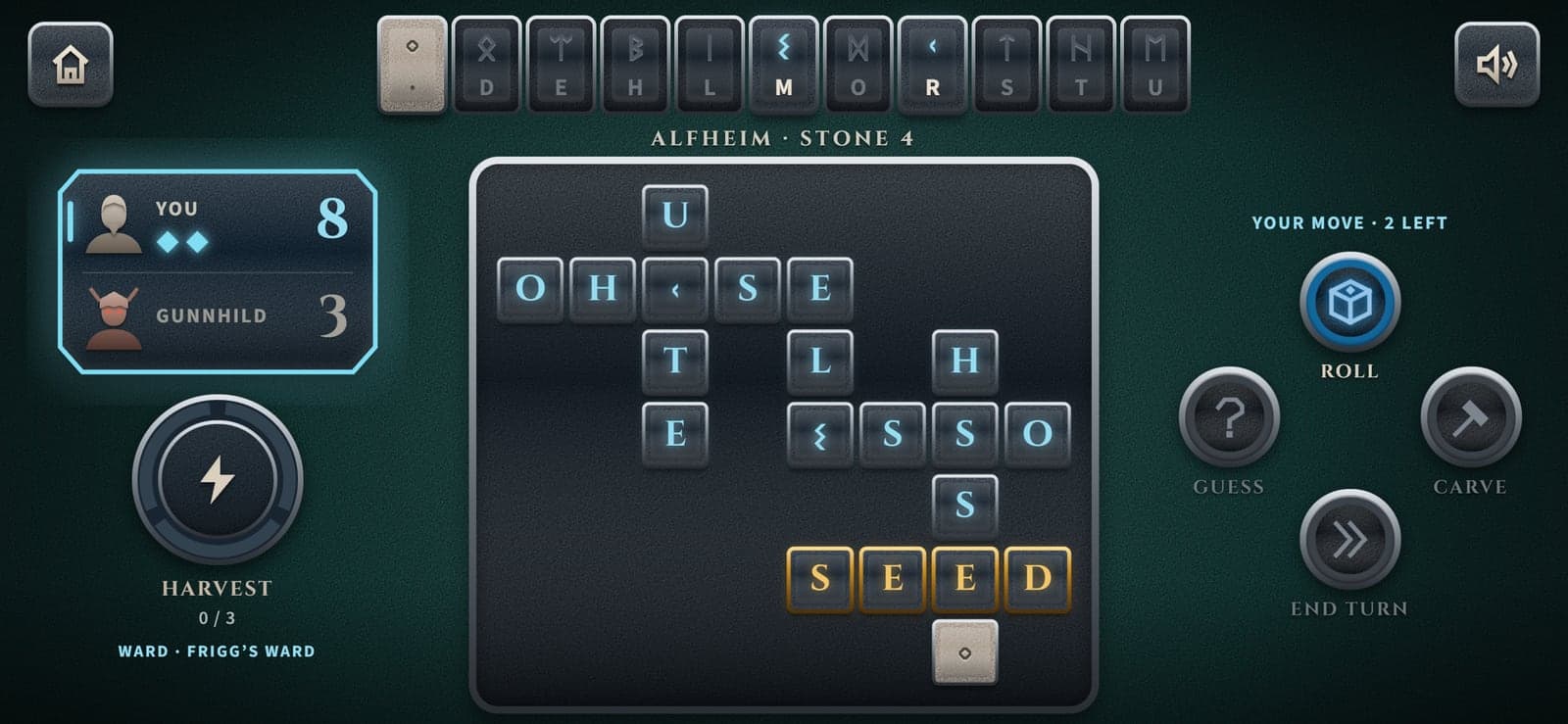A stone in Alfheim: a rune crossword, the score against Gunnhild, and the Roll, Guess, Carve and End turn actions